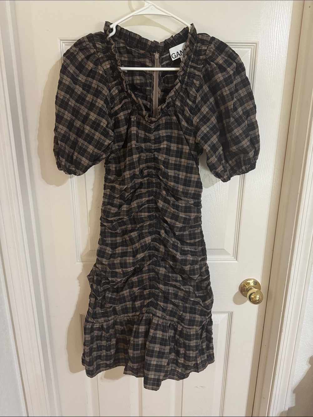 Ganni Black and Brown Plaid Puff-Sleeve Ruched Midi Dress